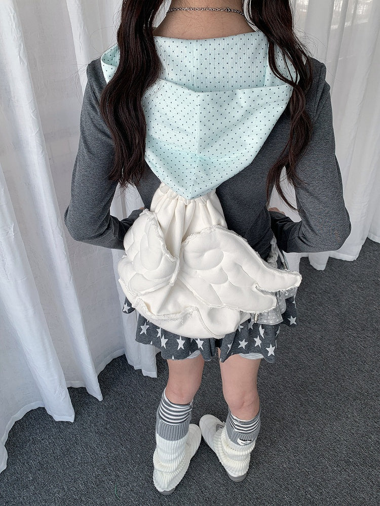 Y2K Dot Wings Patchwork Rhinestone Gray Hooded with Two-piece Polka Top