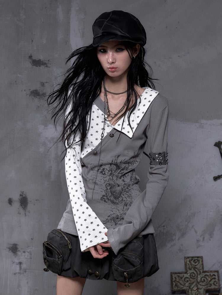 Gray Motif Y2K Gothic Sleeve Vintage Punk Knit Print Heart Top with Star