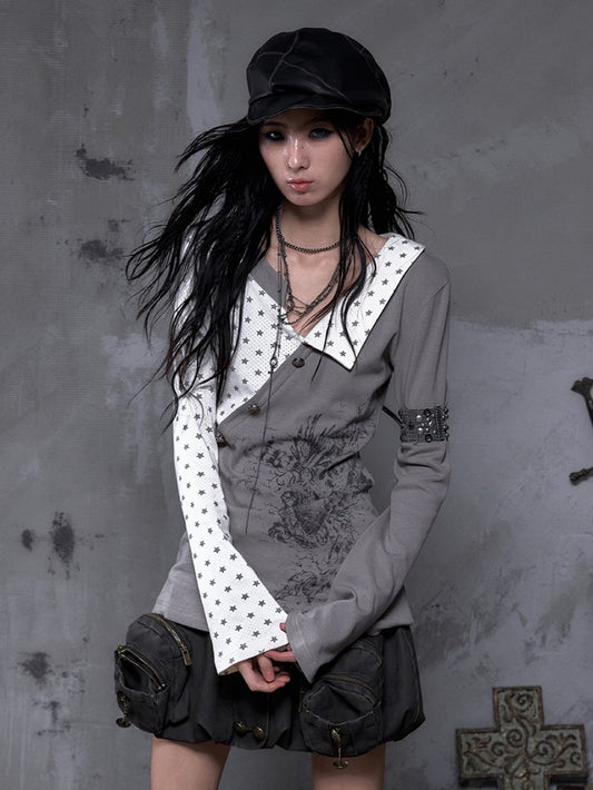 Gray Motif Y2K Gothic Sleeve Vintage Punk Knit Print Heart Top with Star