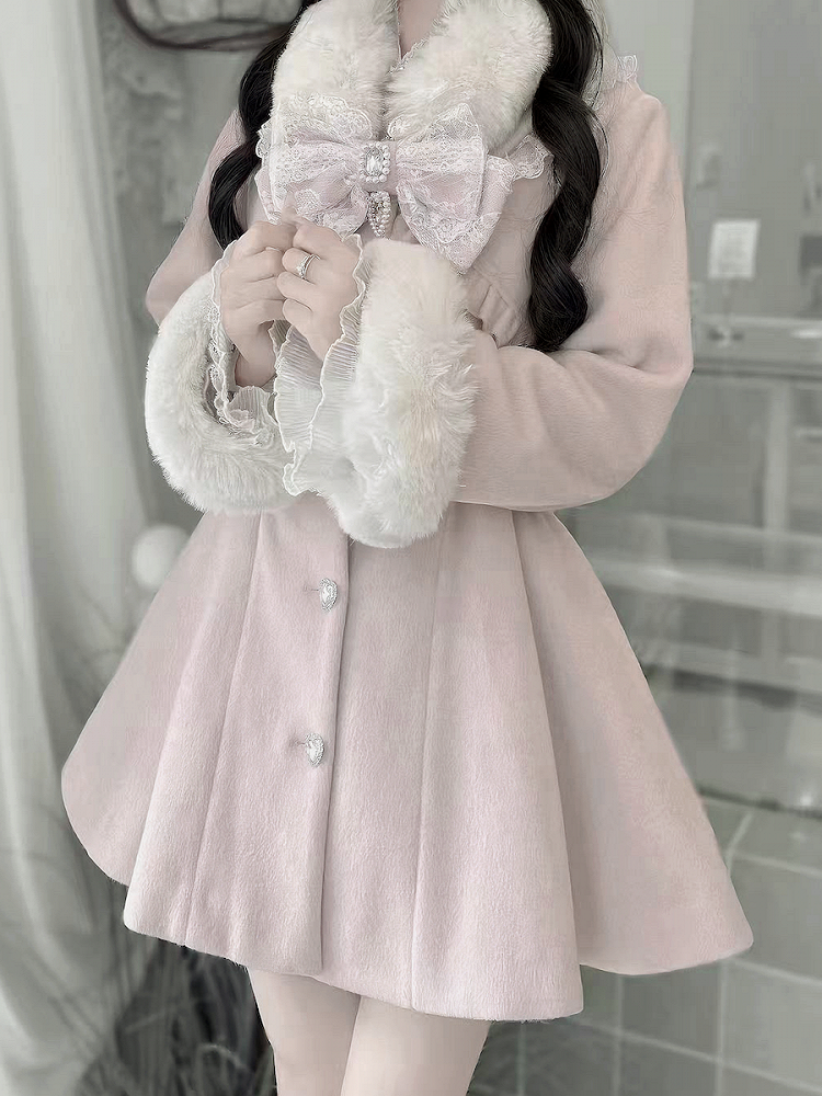 Buttons Jirai with Heart Rhinestone Waist-Cinched Coat Pink Kei