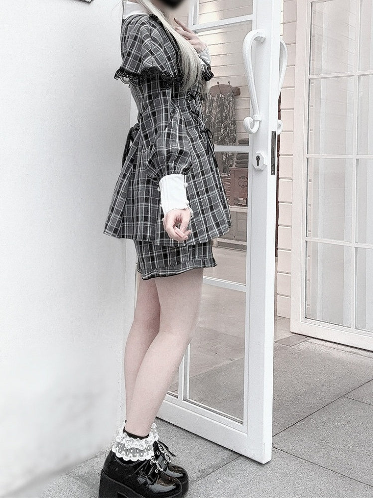 Jirai Bow + Long-Sleeve Dress Tie Design Matching Kei Shorts Set Grey Cape Lace-Up Plaid