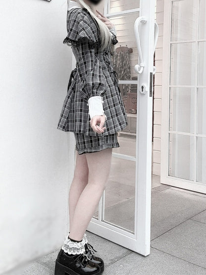 Jirai Bow + Long-Sleeve Dress Tie Design Matching Kei Shorts Set Grey Cape Lace-Up Plaid