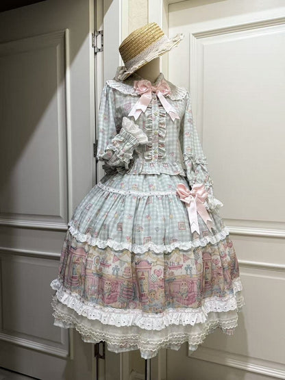 Sweet Peter Hat Lolita Plaid + Pan Print Top Bear Set Collar Skirt Pink Green