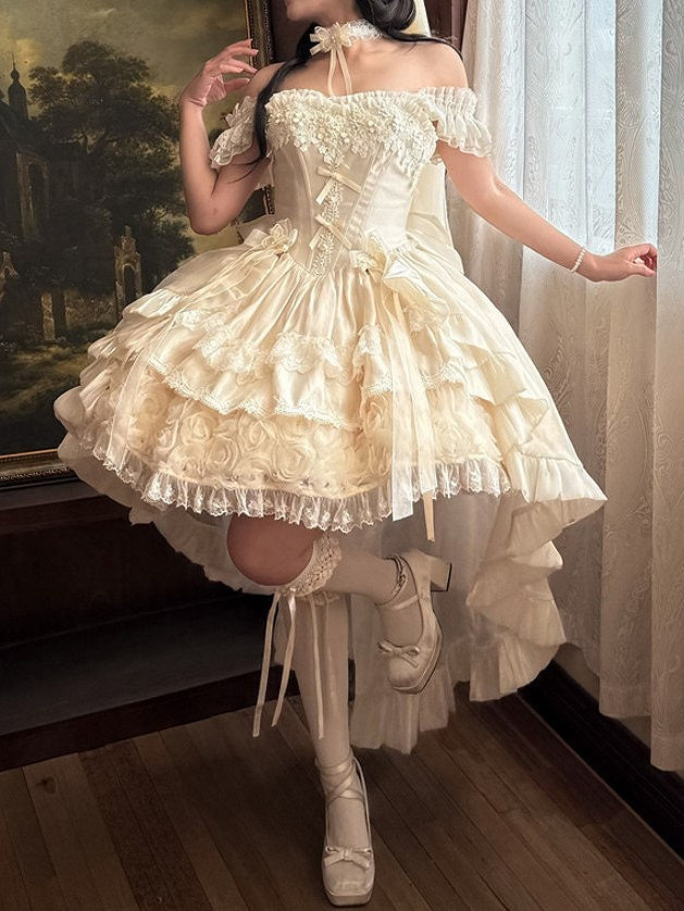 Blooming Hime Layered Lace Dress Lolita Accents Flower with Fluffy Champagne Waist Basque