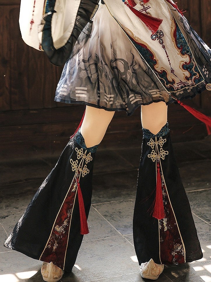 Black Red Jacquard Han Lolita Leg Warmers Tassel - Unknown Star