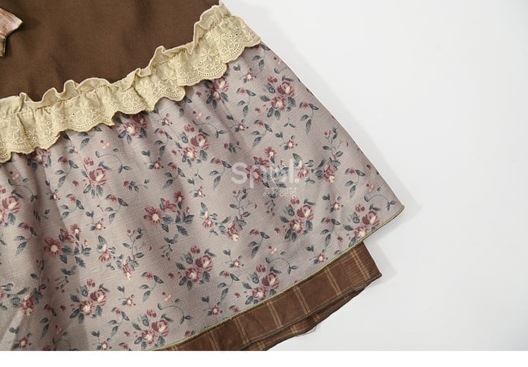 Brown Mori Kei High Waist Patchwork Skirt Lace Trim