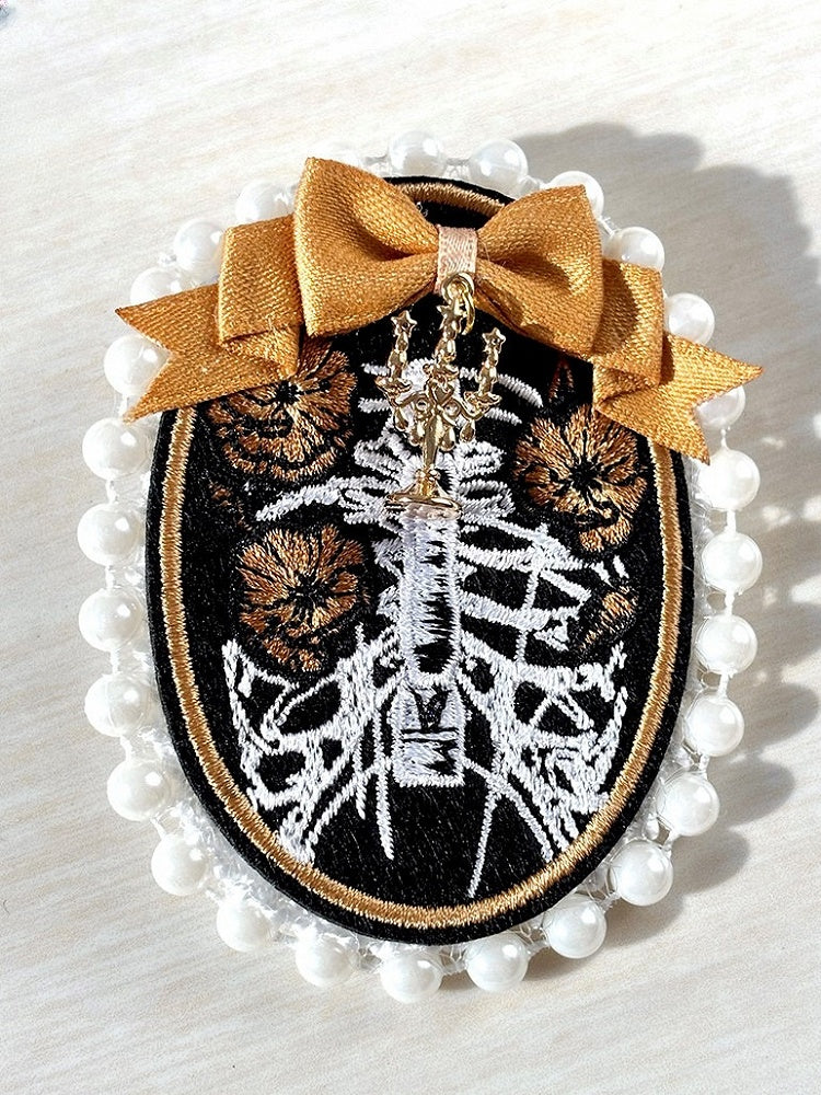 Lolita Bead Accents and Brooch Bow Skeleton with Embroidered