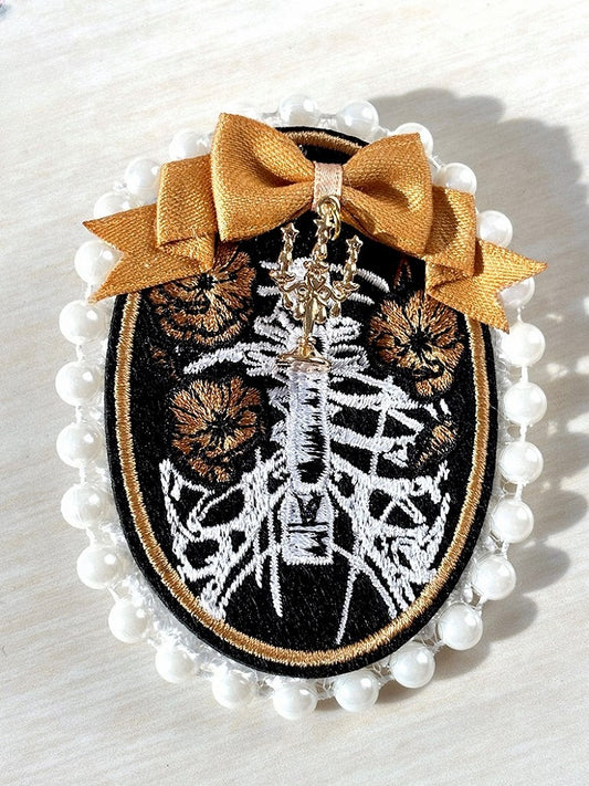 Lolita Bead Accents and Brooch Bow Skeleton with Embroidered