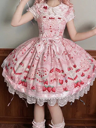 Süßer Kuchenpullover mit Erdbeerdruck und Kleidrock, Lolita, Pink, süß