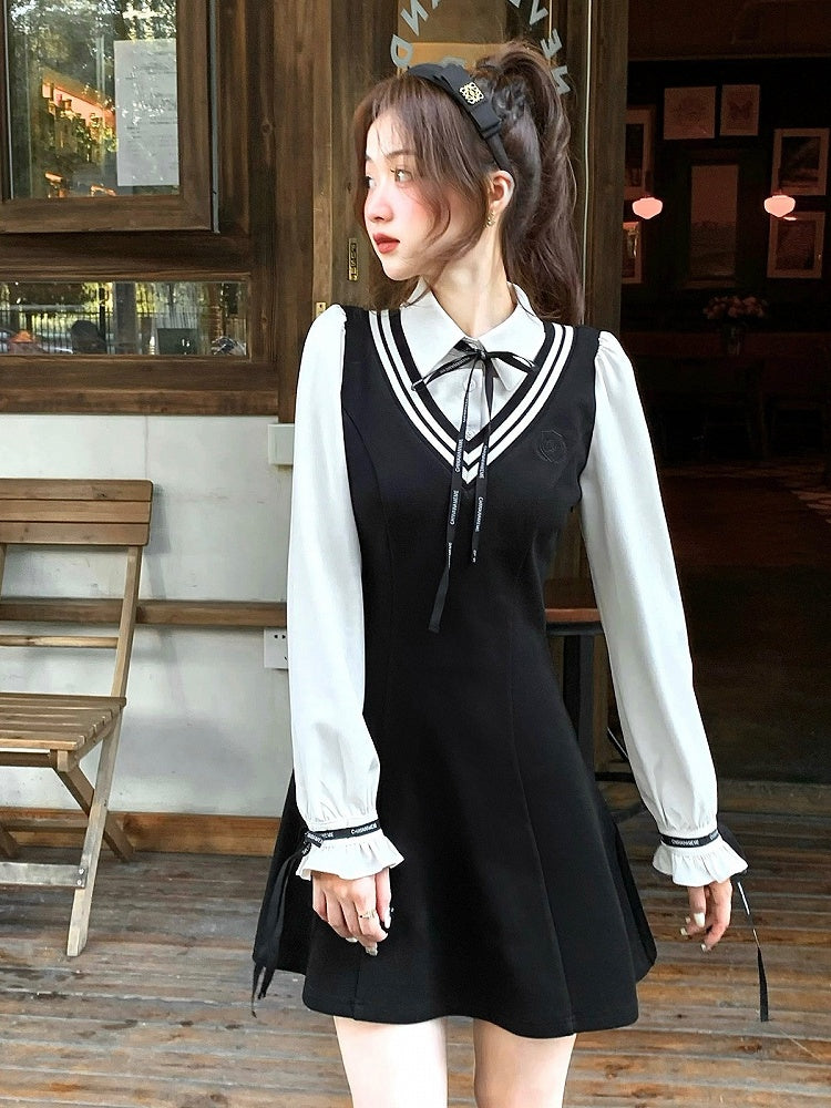 Black Fake Two Piece Polo Collar Dress with Bow - Qchiwawameme