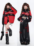 with Jacket Black Embroidery Fleece and Two-Way Baseball Letters Colorblock Detachable Red