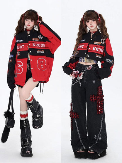 with Jacket Black Embroidery Fleece and Two-Way Baseball Letters Colorblock Detachable Red