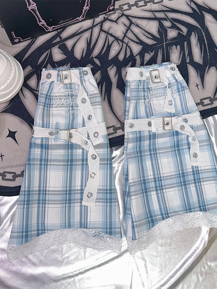 ブラック＆ホワイト/ピンク/ブルー/ブラック＆グレーのチェック柄レッグウォーマー（バックルストラップ付き）