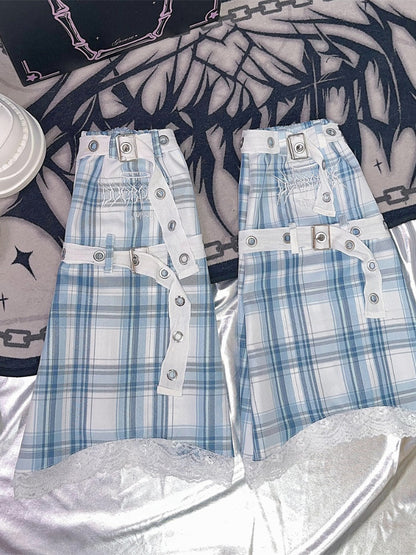 ブラック＆ホワイト/ピンク/ブルー/ブラック＆グレーのチェック柄レッグウォーマー（バックルストラップ付き）