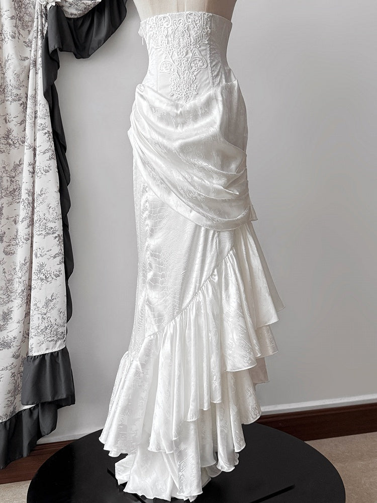 Rock Kaskadieren Asymmetrische Gothic Weiß Hohe Korsett Taille Meerjungfrau Saum Lolita Volant Entbeint
