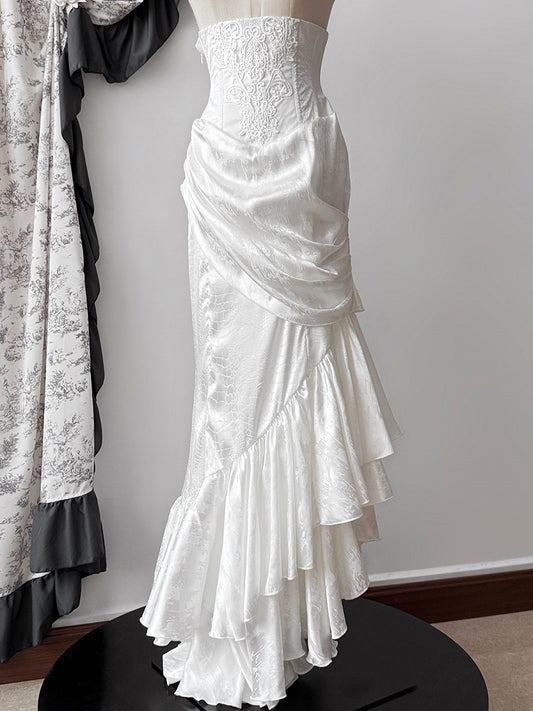 スカート カスケード アシンメトリー ゴシック ホワイト ハイコルセット ウエスト マーメイドヘム ロリータ フラウンス ボーンド