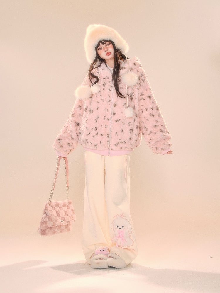 Beige Wide-Leg Pants with Pink Waistband and Embroidered Puppy Design