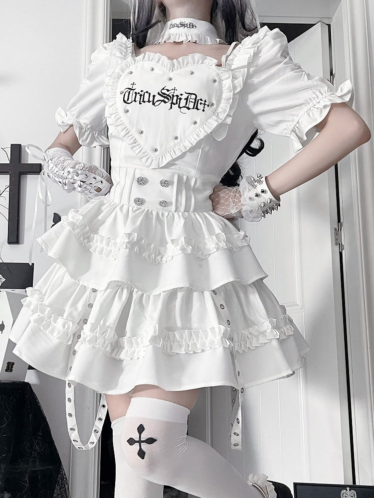 White Dress Heart Patch Gothic Layered Puff Sleeve with Skirt Short Ruffle