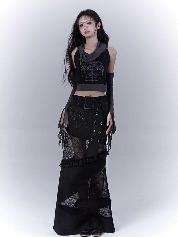 with Waist Lace Patches Cross Punk Belt Applique Buckle Skirt Black Low