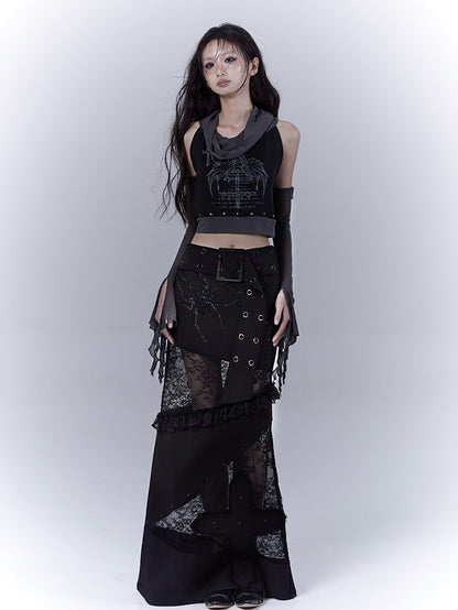 with Waist Lace Patches Cross Punk Belt Applique Buckle Skirt Black Low