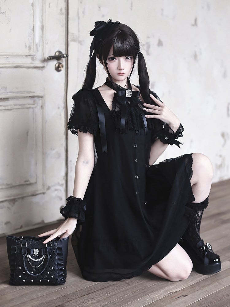 Gothic Halter Dress with Lace and Bow Details - Ekomi