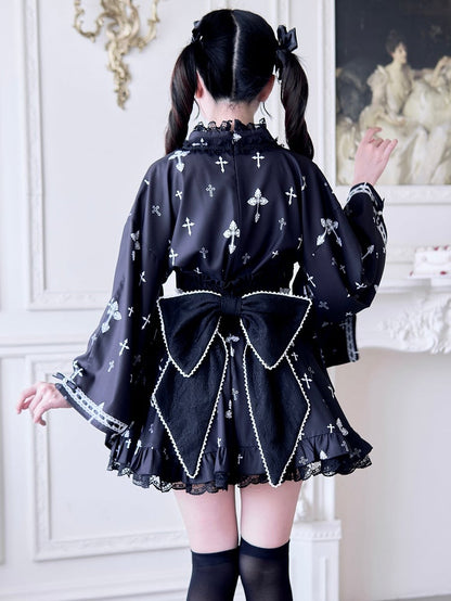 Kei with Bell Gothic Print Black White Cross Sleeves Wrap Kimono-Style and Top Jirai