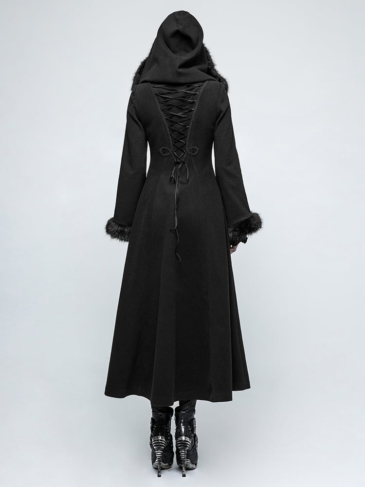 Black Gothic Long Disc Worsted Coat Flowers