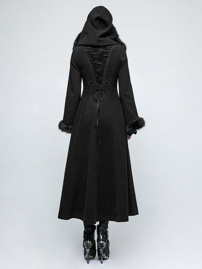 Black Gothic Long Disc Worsted Coat Flowers