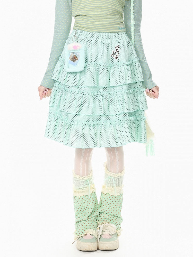Green Embroidered Detail Polka Dot Ruffle Tiered Skirt Design - Languid Park