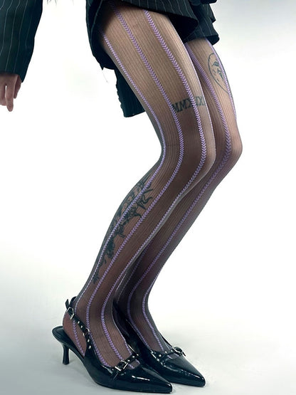 パープル/ブラウン/ホワイトのストライプハートタイツ