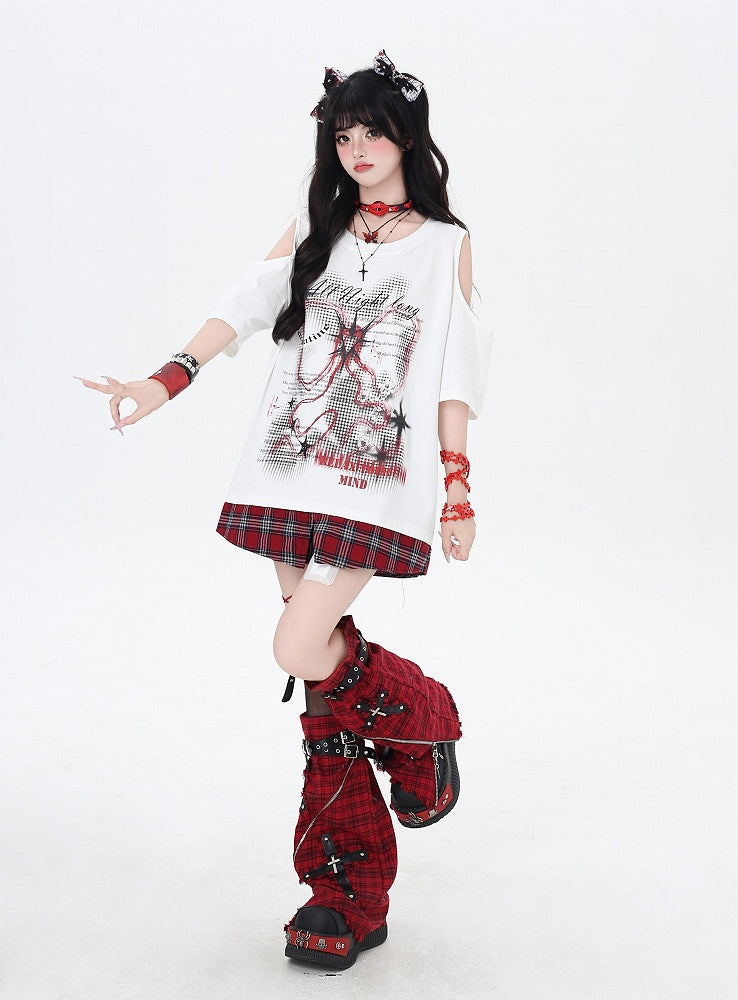 レッドネック、チェック柄ヘム、ホワイトカットアウトショルダー、グラフィックTシャツ、ラウンド
