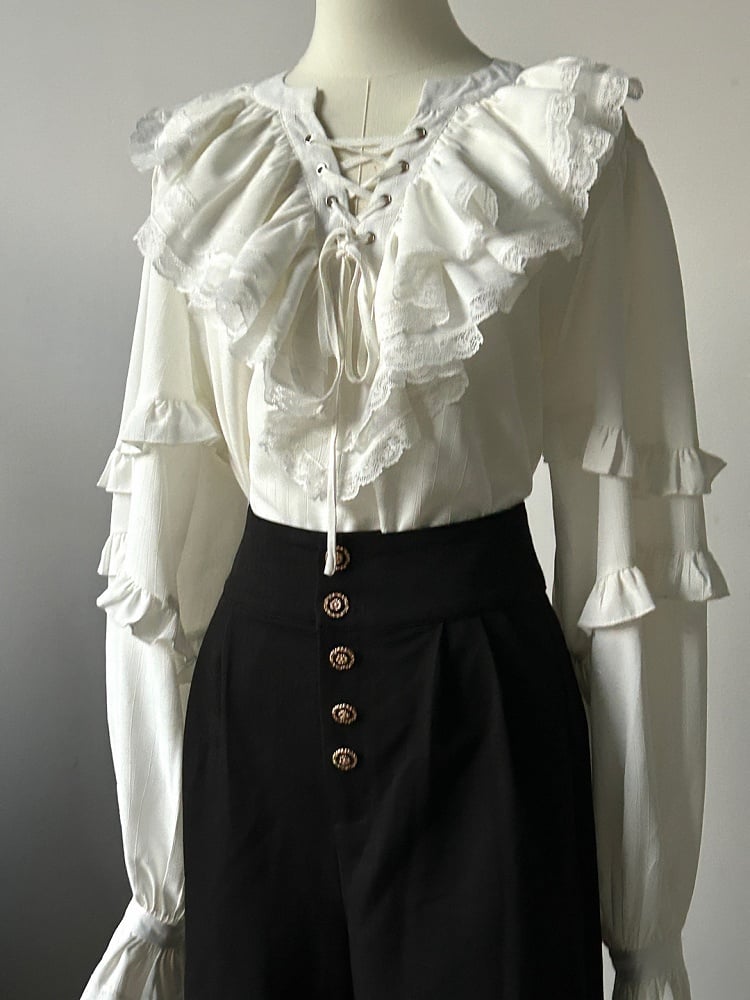 with Long Front Lace-Up Blouse Sleeves White Ruffled