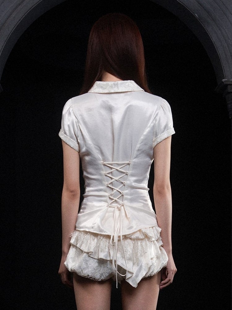 Back Pan Blouse Apricot Crisscross Gothic Peter Punk Collar Satin with Ties