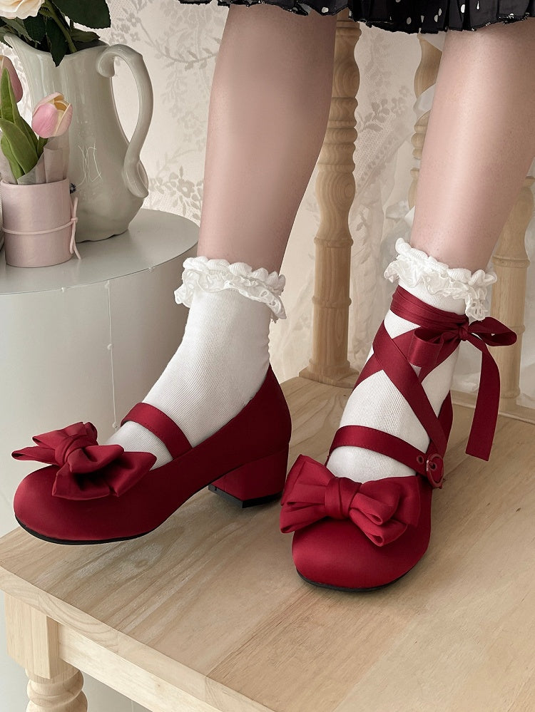 Lolita Red Ankle Round Bow Top Elegant Mary Lace-up Toe at Janes Satin Heel Mid