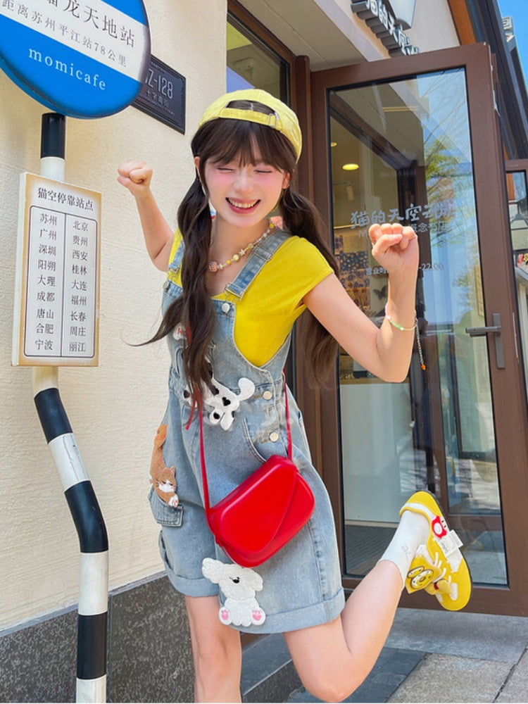 Blue High Detachable Waist Kitty Denim Overalls and Puppy Appliques with