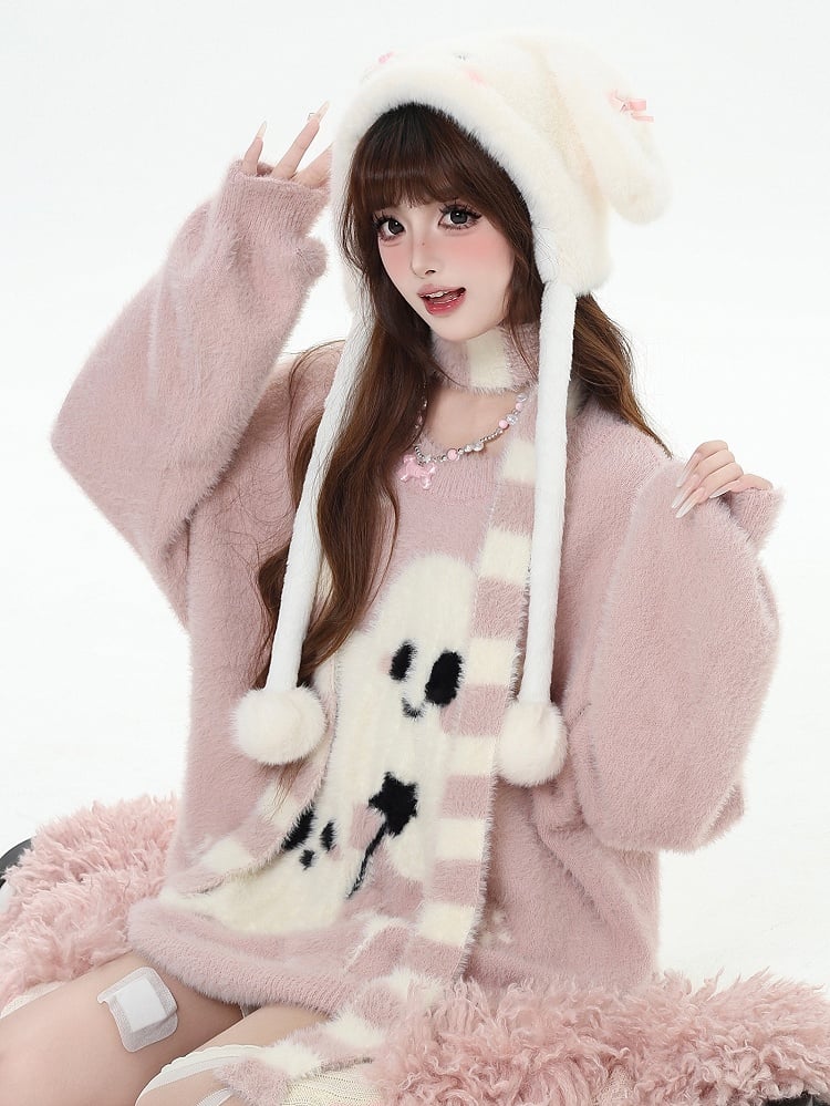 Ghost Sweater Pattern Scarf Striped with Pink/Black/Red Kawaii