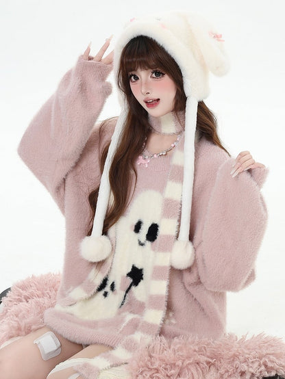 Ghost Sweater Pattern Scarf Striped with Pink/Black/Red Kawaii