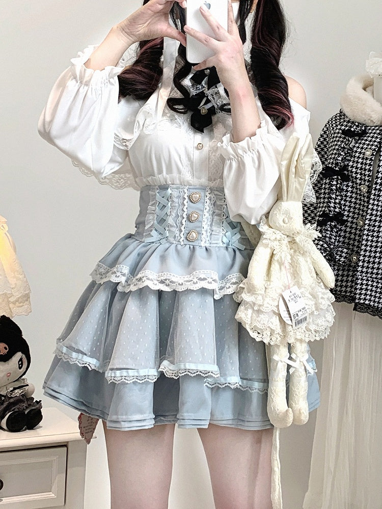 Bow Blouse Jirai with Neckline Shoulder Black/White Kei Illusion Cut-Out Decor