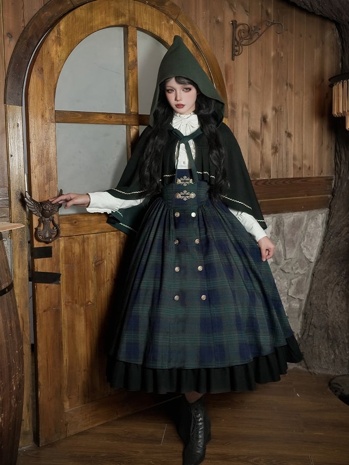 Lolita + Pattern Long Set Plaid Green Preppy Version Style - JSK