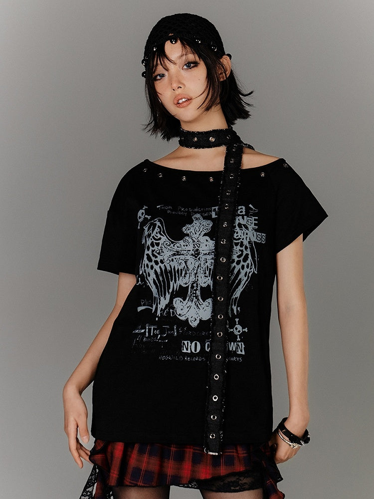 Y2K Black Cross Print Glamorous Belt with Waist T-Shirt