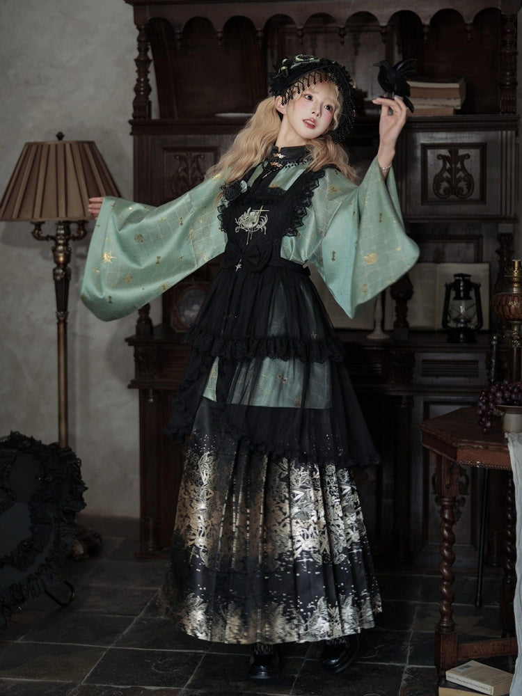 Black Gothic Lace-Trim Overlay with Floral Embroidery & Slit - San Sheng Du