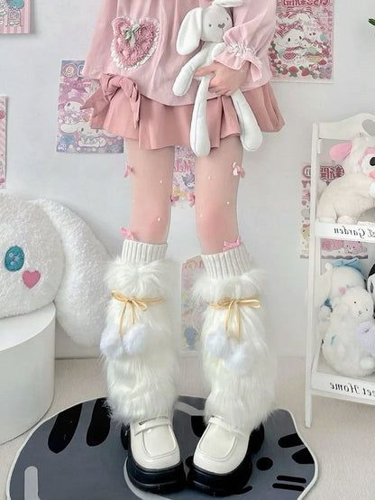 Faux Fur Pompom Ribbon Bow Leg Warmers 3-Color - Two Bear Pink