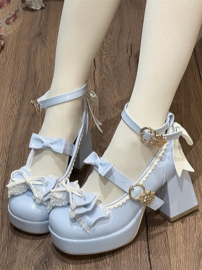 Mary Lolita Round-Toe Bow and with A Heel 8cm Janes Heels Delicate in Elegant - Blue White