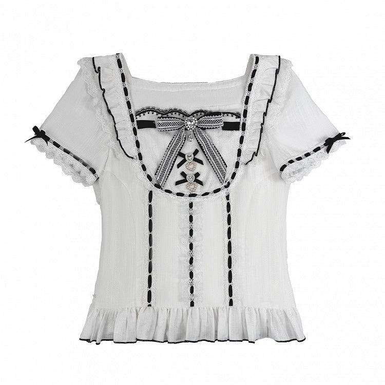 Black White Jirai Kei Square Neck Cotton Blouse with Bow Lace Details - Broken Bear