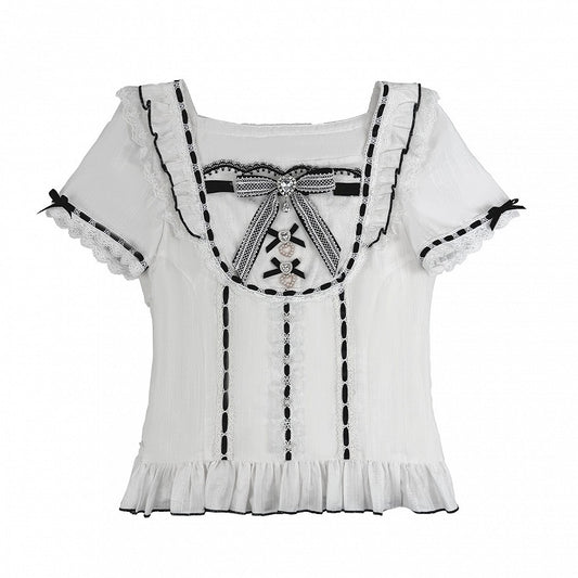 Black White Jirai Kei Square Neck Cotton Blouse with Bow Lace Details - Broken Bear