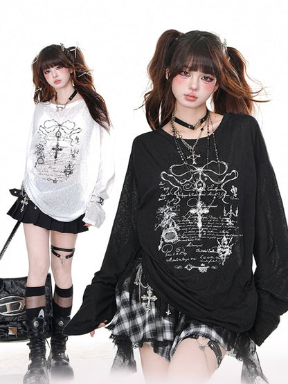 Schwarz/weißes, halbtransparentes, lockeres Sweatshirt mit Kreuzdruck und Kordelzug in der Taille
