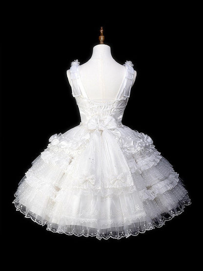 Bead Valley Dress of Lily Bow Embroidered White Sweet with Accents and Lace the Lolita