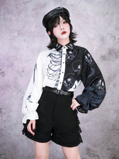 Gothic Black and White Balloon Sleeve Shirt with Asymmetric Skeleton Print - Quirky Hut