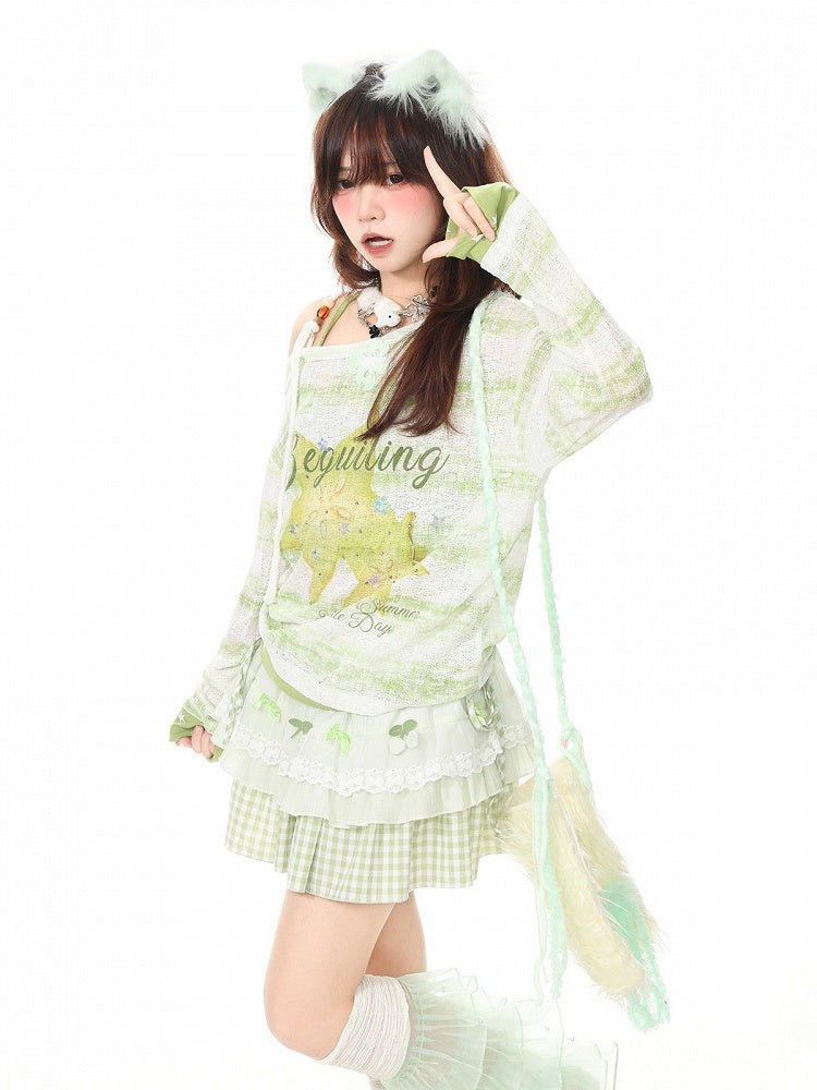 Green Off Shoulder Long Sleeve Top with Star Fruit Print & Rhinestone Details - Languid Park