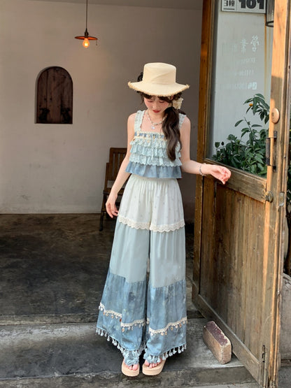 Blue Colorblock Design Tassel Hem Shell Charm Wide-Leg Holiday Pants